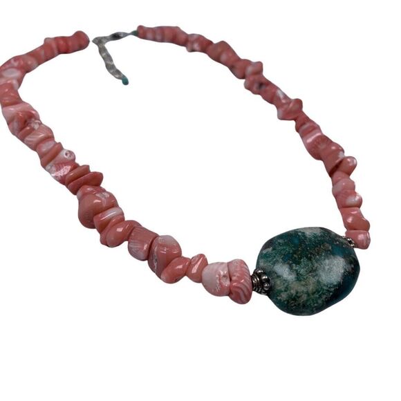 Pink Coral Chunky Turquoise Pendant Necklace 19" 925 Sterling Silver Boho - Picture 8 of 16